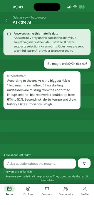 Ask the AI: a question and an answer based on the match data
