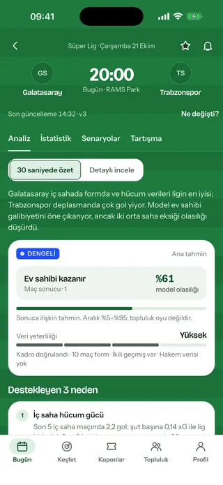 Maç sayfası: 30 saniyelik özet, ana tahmin ve veri yeterliliği
